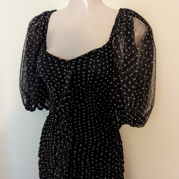 Zara polka dot mesh shirred mini dress puff sleeves black white xs - Picture 10 of 16